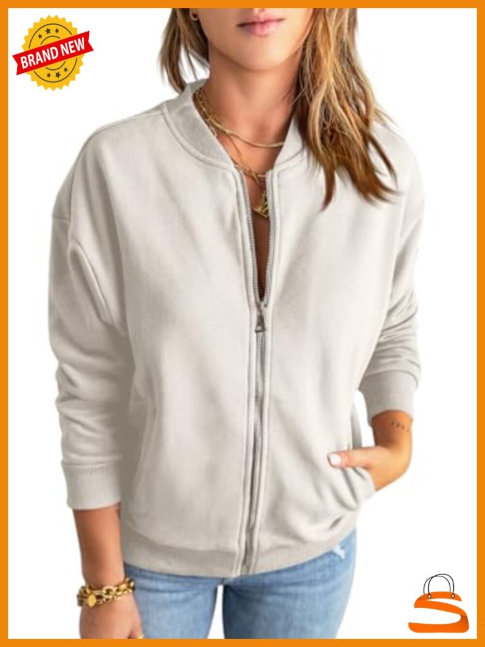 Womens Zip Up Sweatshirt Jacket Loose Fit Long Sleeve Casual Outwear Pockets